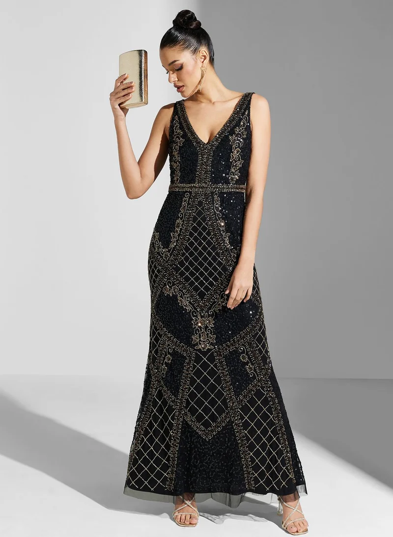 Adrianna Papell V-Neck Embroidered Dress