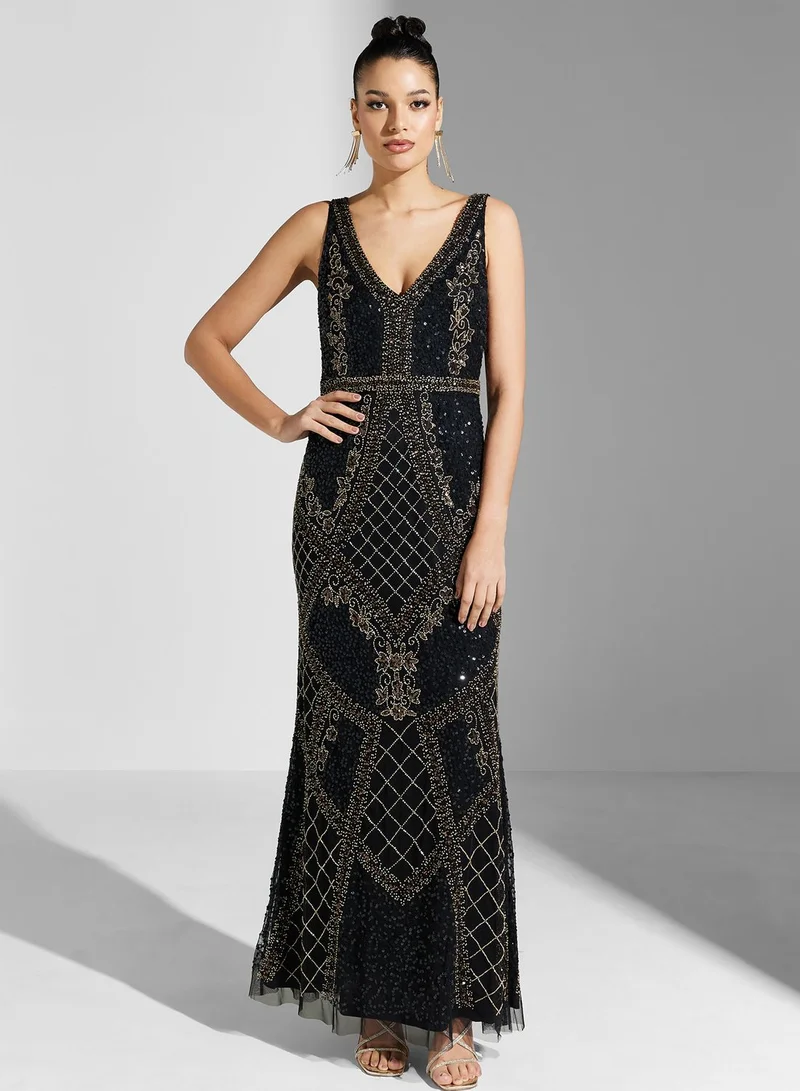 Adrianna Papell V-Neck Embroidered Dress