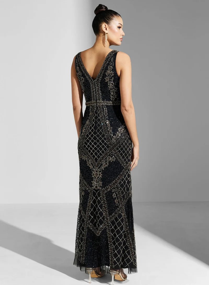 Adrianna Papell V-Neck Embroidered Dress