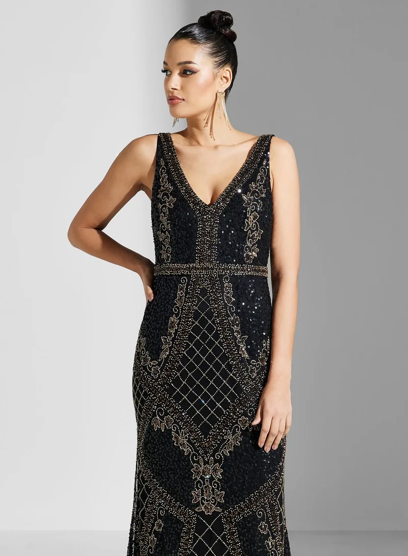 Adrianna Papell V-Neck Embroidered Dress