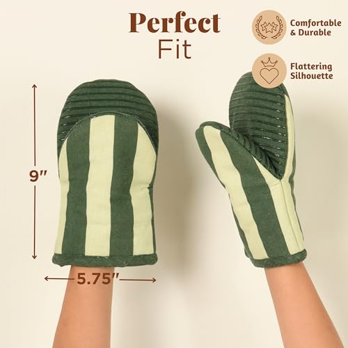 Folkulture Mini Oven Mitts Heat Resistant | (5.75 x9) Set of 2 Green Short Oven Mitts with Hanging Loop | 100% Cotton Oven Gloves | Kitchen Mittens, Matcha Small Silicone Oven Mits - Image 4