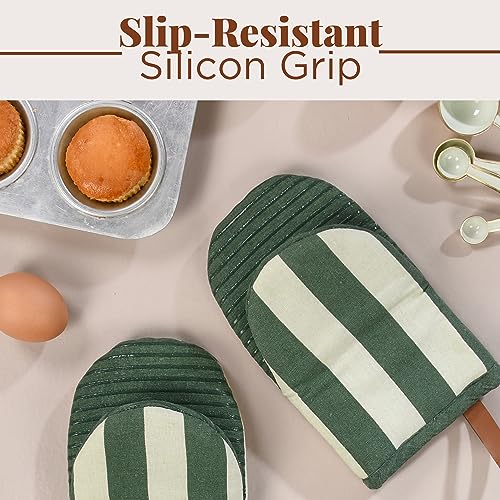 Folkulture Mini Oven Mitts Heat Resistant | (5.75 x9) Set of 2 Green Short Oven Mitts with Hanging Loop | 100% Cotton Oven Gloves | Kitchen Mittens, Matcha Small Silicone Oven Mits - Image 5