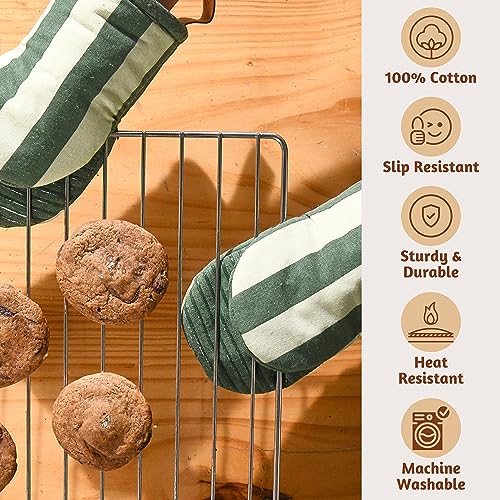 Folkulture Mini Oven Mitts Heat Resistant | (5.75 x9) Set of 2 Green Short Oven Mitts with Hanging Loop | 100% Cotton Oven Gloves | Kitchen Mittens, Matcha Small Silicone Oven Mits - Image 2