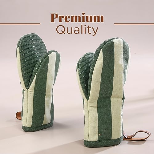 Folkulture Mini Oven Mitts Heat Resistant | (5.75 x9) Set of 2 Green Short Oven Mitts with Hanging Loop | 100% Cotton Oven Gloves | Kitchen Mittens, Matcha Small Silicone Oven Mits - Image 3