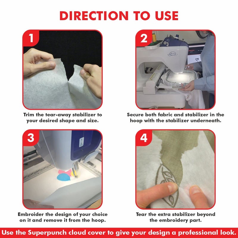 Superpunch Soft Tear Away 1.8 oz Stabilizer, Medium Weight Tearaway Stabilizer for Embroidery – 7.5 inch x 8 inch, 100 Precut Sheets Superstable Machine Stabilizers Backing, Made in USA (White) - Image 4