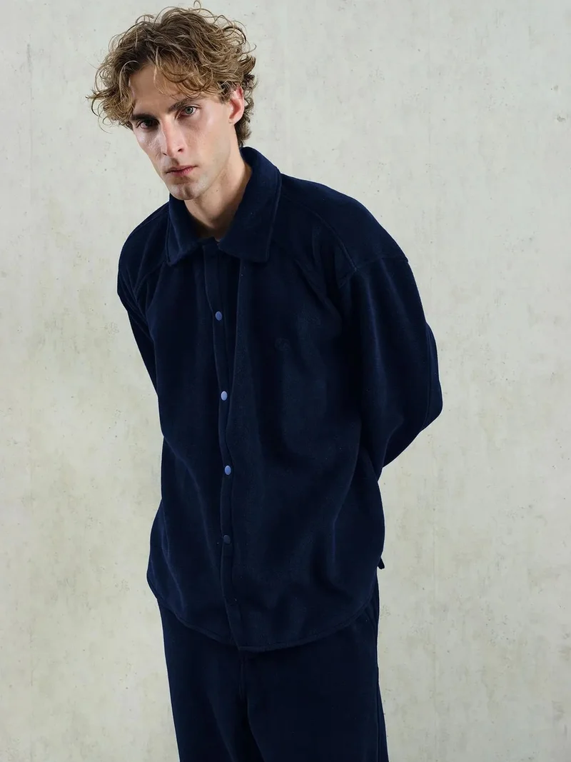 Giesto Navy Blue GIESTO Oversized Plush Shirt with Snap Closure for Men | Best Price UAE