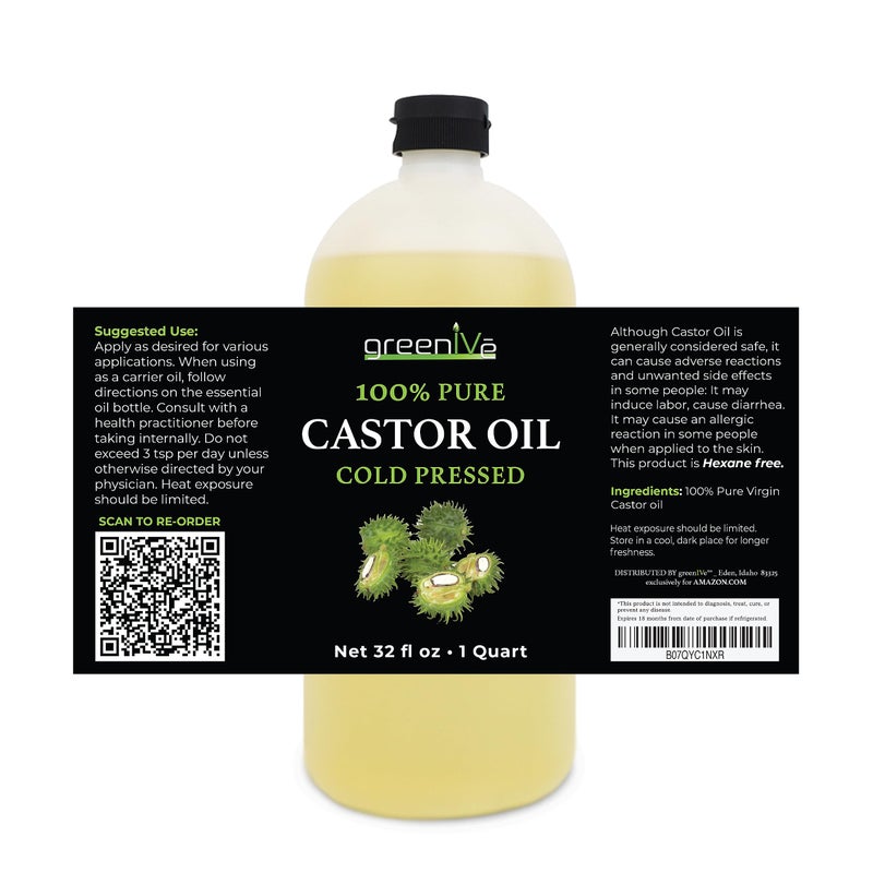 GreenIVe 100% Pure Castor Oil â€“ Cold-Pressed, Hexane-Free â€“ Hair, Eyebrows, Eyelashes, Skin Moisturizer, Castor Pack Wrap Oil Bulk Bottle (32 Fl oz) - Image 3