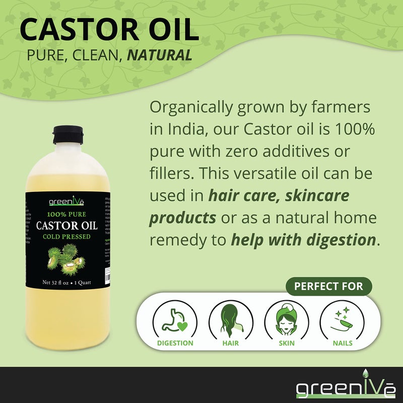 GreenIVe 100% Pure Castor Oil â€“ Cold-Pressed, Hexane-Free â€“ Hair, Eyebrows, Eyelashes, Skin Moisturizer, Castor Pack Wrap Oil Bulk Bottle (32 Fl oz) - Image 4
