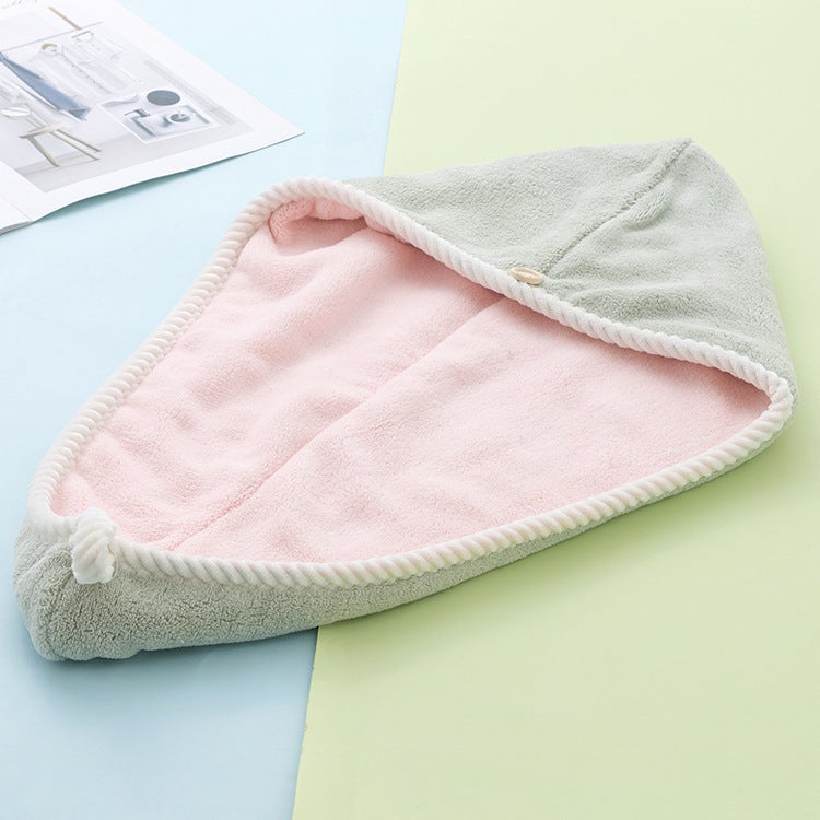Generic Double-layer hair drying cap two-color thickened coral fleece soft absorbent closed toe quick-drying towel hair drying towel household shower cap Green Pink