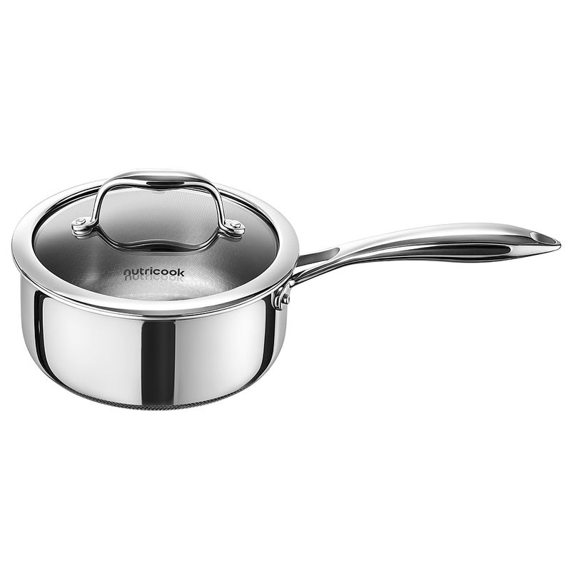nutricook Eterna Tri-Ply Hybrid 18cm Sauce Pan with Lid – Stainless Steel & Ceramic Coating, Metal-Utensil Safe, Oven & Dishwasher-Safe, Induction & All Cooktops Compatible - Image 1