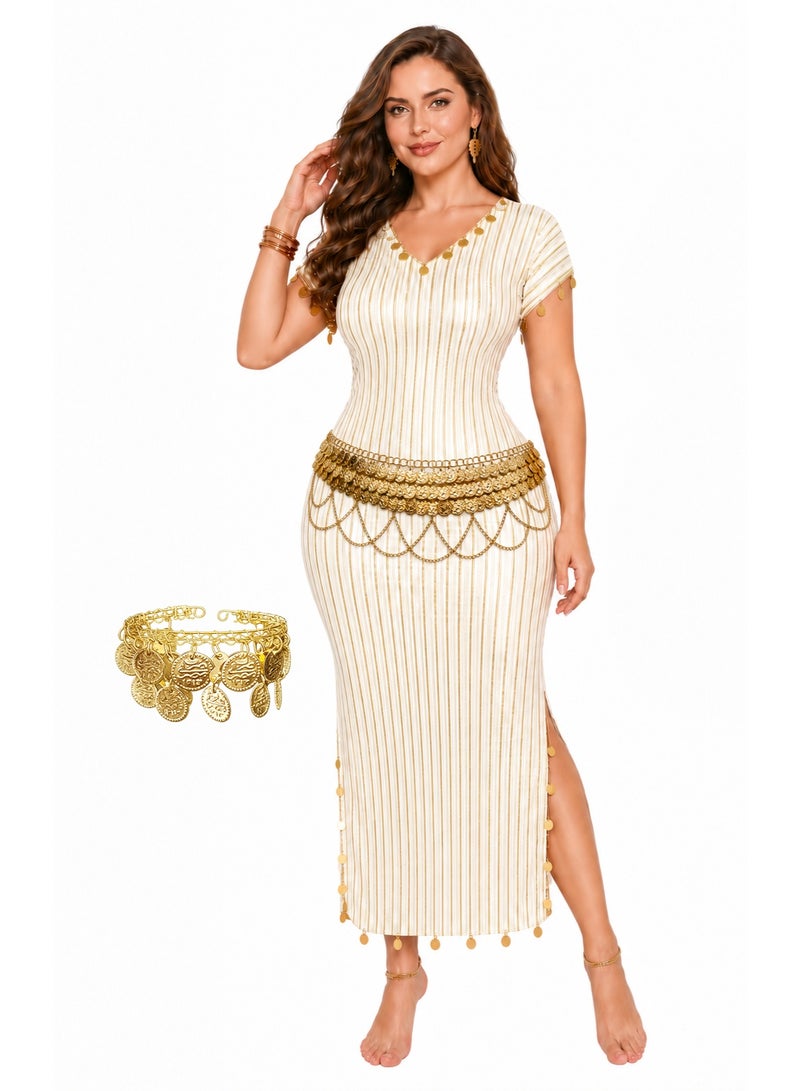 طقم رقص شرقي مصنوع يدويًا من 3 قطع، يوفر حركة سلسة ومريحة، زي رقص شرقي للحفلات، يتضمن الجلابية اللبنانية والتركية والمصرية التقليدية مع وشاح للخصر وأقراط يدوية الصنع. - Image 1