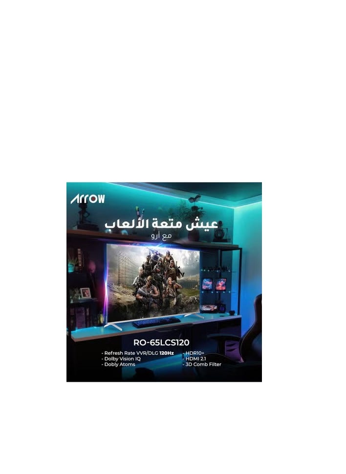 ARRQW 65 Inch Gaming 4K UHD Frameless Smart DLED TV with Google TV, 3840x2160 Resolution, 6000:1 Contrast, 120Hz Refresh Rate, Dolby Vision & Dolby Atmos, HDR10+, 1.07B Colors, 3 HDMI, 2 USB, Bluetooth, Wi-Fi, Voice Control, Netflix & YouTube Pre-Installed, Wall Mount | Model No: RO-65LCS120  - Image 2