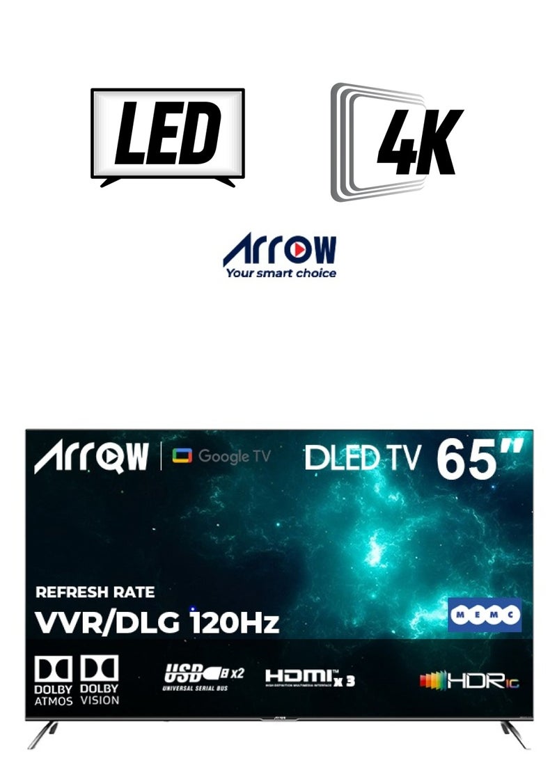 ARRQW 65 Inch Gaming 4K UHD Frameless Smart DLED TV with Google TV, 3840x2160 Resolution, 6000:1 Contrast, 120Hz Refresh Rate, Dolby Vision & Dolby Atmos, HDR10+, 1.07B Colors, 3 HDMI, 2 USB, Bluetooth, Wi-Fi, Voice Control, Netflix & YouTube Pre-Installed, Wall Mount | Model No: RO-65LCS120  - Image 1