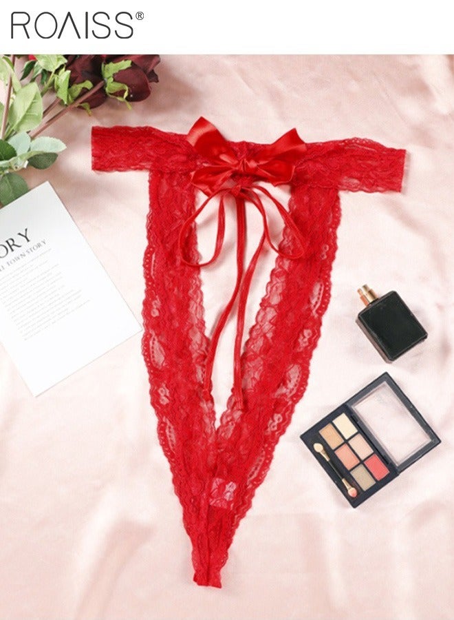 roaiss Women's High Elastic Red Lace Nighttime Pajamas Decorated With a Bow on The Chest With a Hanging Neck and Open Back Design  - Image 1