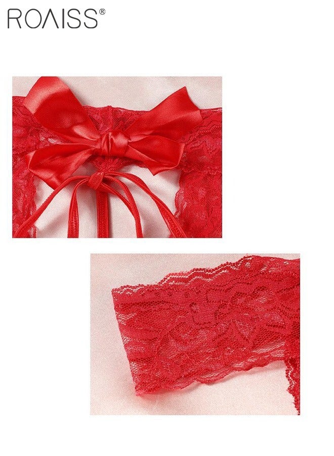 roaiss Women's High Elastic Red Lace Nighttime Pajamas Decorated With a Bow on The Chest With a Hanging Neck and Open Back Design  - Image 2