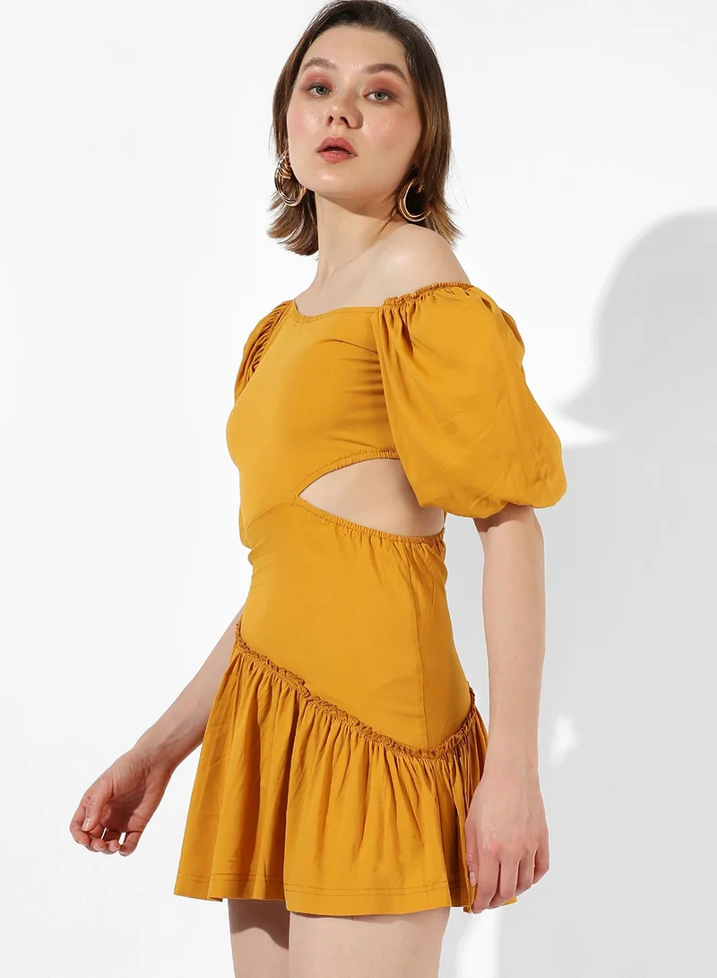 PINACOLADA  Women's Mustard Yellow Asymmeterical Cut-Out Mini Dress for Women | Best Price UAE