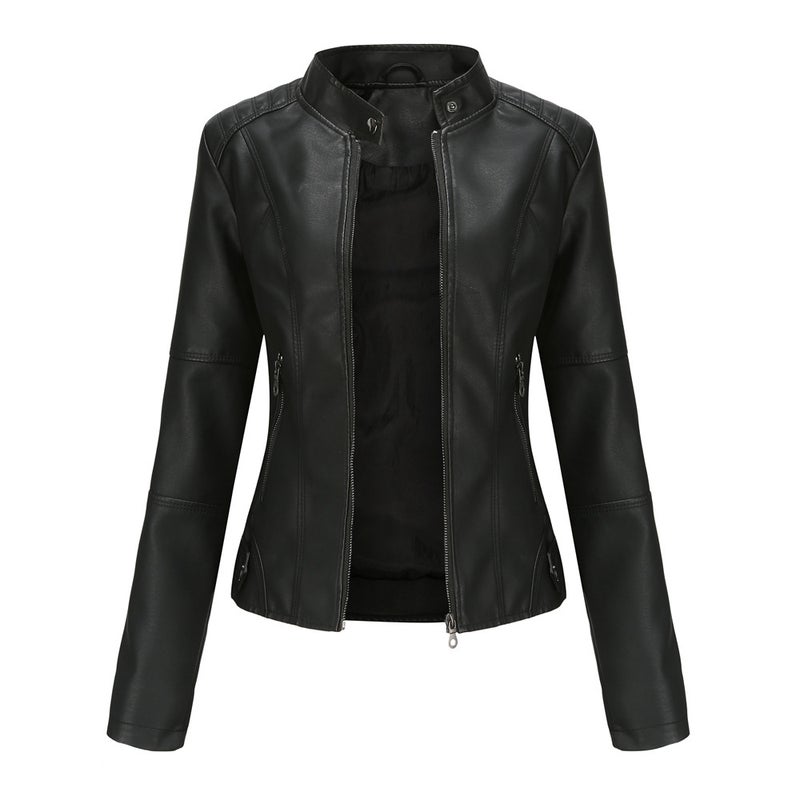 Women's Slim Fit PU Faux Leather Biker Jacket with Stand Collar and Zip Front, Lightweight Spring Autumn Coat - Image 1