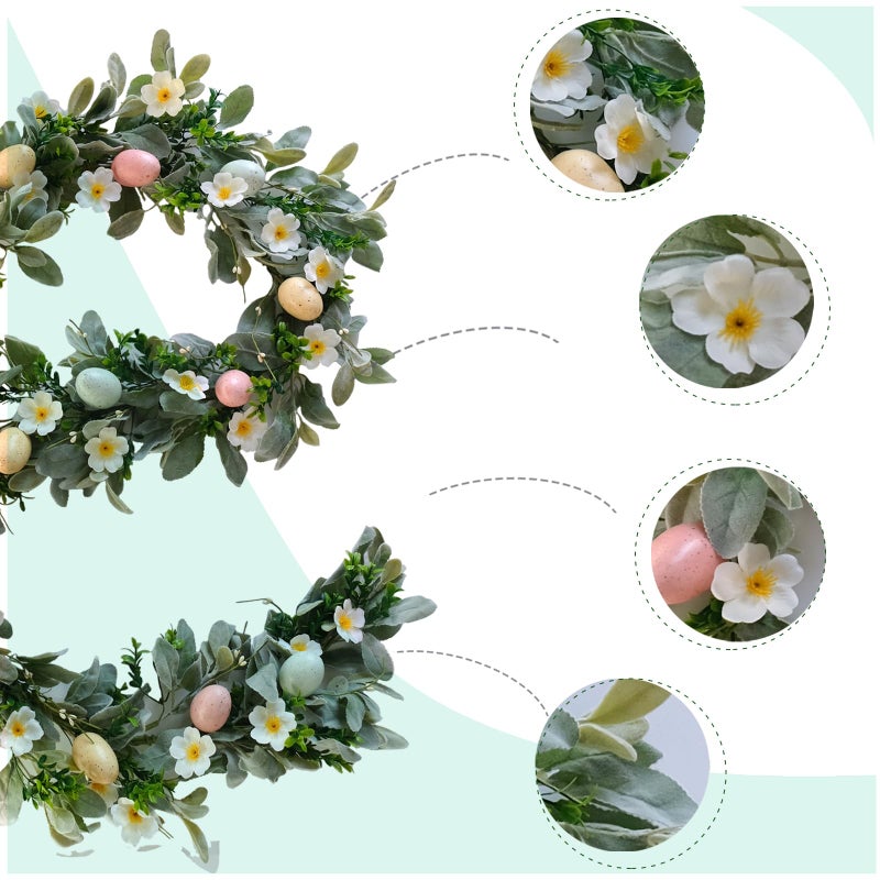 egolot 5.9 Feet Easter Eggs Wild Flowers Garland Wreath for Front Door, Spring Green Leaves Garland for Home Decoration, Lamb Ears Leaves for Indoor and Outdoor Use - Image 2