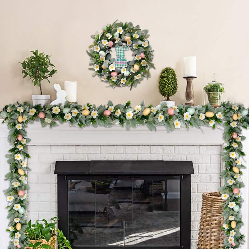 egolot 5.9 Feet Easter Eggs Wild Flowers Garland Wreath for Front Door, Spring Green Leaves Garland for Home Decoration, Lamb Ears Leaves for Indoor and Outdoor Use - Image 4