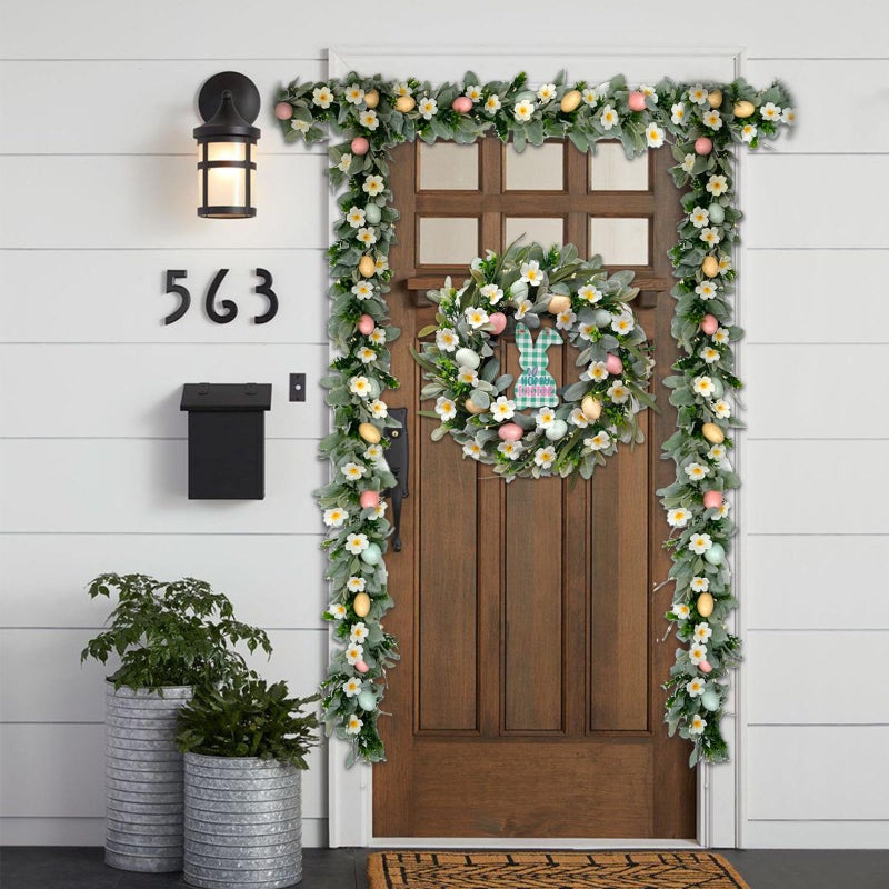 egolot 5.9 Feet Easter Eggs Wild Flowers Garland Wreath for Front Door, Spring Green Leaves Garland for Home Decoration, Lamb Ears Leaves for Indoor and Outdoor Use - Image 3