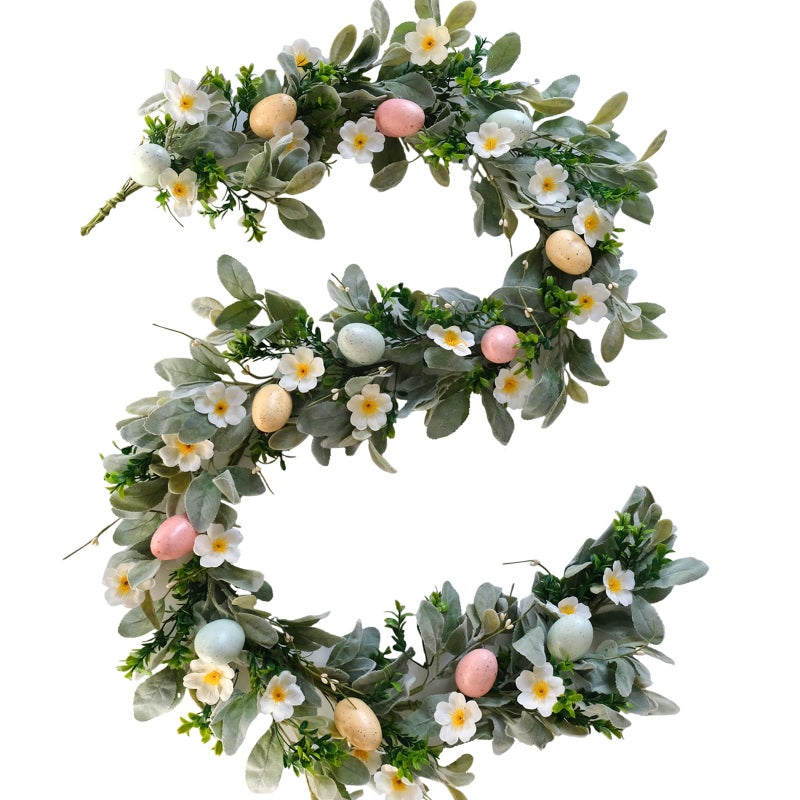 egolot 5.9 Feet Easter Eggs Wild Flowers Garland Wreath for Front Door, Spring Green Leaves Garland for Home Decoration, Lamb Ears Leaves for Indoor and Outdoor Use - Image 1