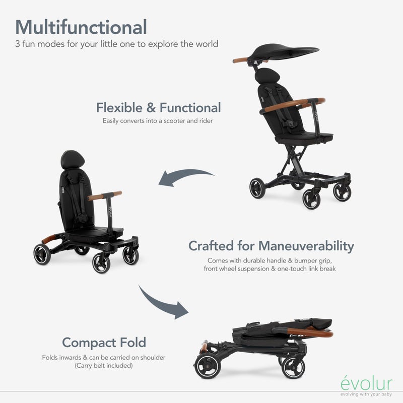 Evolur Cruise Rider Stroller with Canopy, Lightweight Umbrella Stroller with Compact Fold, Easy to Carry Travel Stroller - Noir Black - Image 4