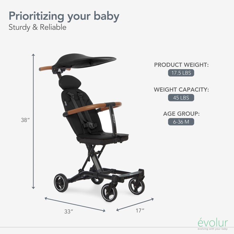 Evolur Cruise Rider Stroller with Canopy, Lightweight Umbrella Stroller with Compact Fold, Easy to Carry Travel Stroller - Noir Black - Image 2