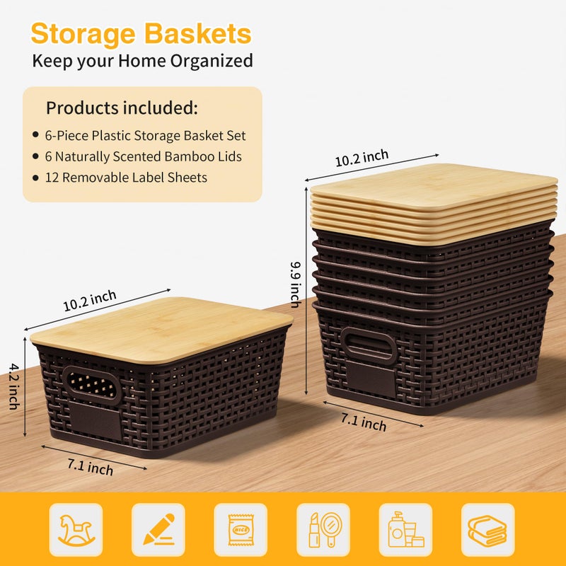 Wrrlors Plastic Storage Baskets with Bamboo Lids and Labels, Stackable Storage Containers, Storage Bins for Organizing Shelves Drawers Desktop Closets Office, 6 Packs-Brown - Image 3