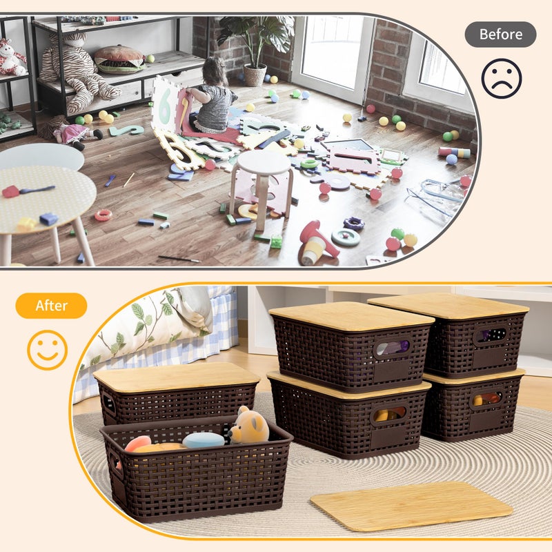 Wrrlors Plastic Storage Baskets with Bamboo Lids and Labels, Stackable Storage Containers, Storage Bins for Organizing Shelves Drawers Desktop Closets Office, 6 Packs-Brown - Image 5