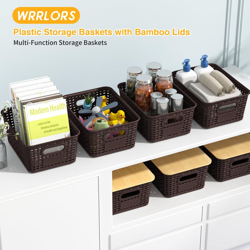 Wrrlors Plastic Storage Baskets with Bamboo Lids and Labels, Stackable Storage Containers, Storage Bins for Organizing Shelves Drawers Desktop Closets Office, 6 Packs-Brown - Image 2