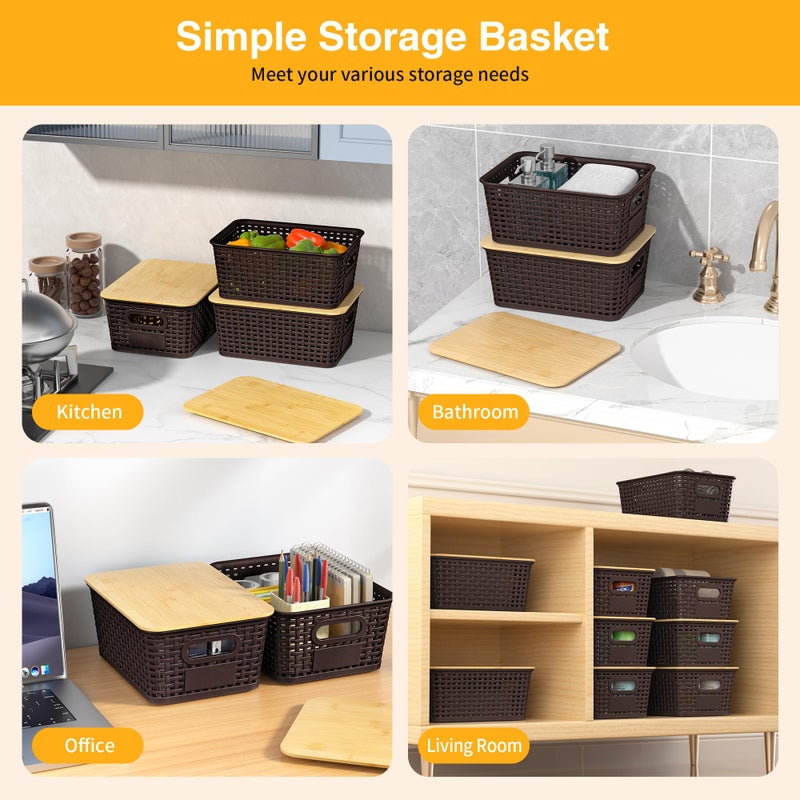 Wrrlors Plastic Storage Baskets with Bamboo Lids and Labels, Stackable Storage Containers, Storage Bins for Organizing Shelves Drawers Desktop Closets Office, 6 Packs-Brown - Image 4