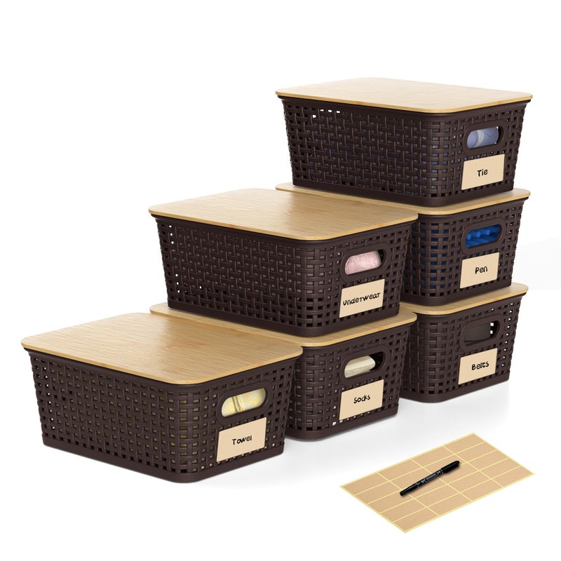 Wrrlors Plastic Storage Baskets with Bamboo Lids and Labels, Stackable Storage Containers, Storage Bins for Organizing Shelves Drawers Desktop Closets Office, 6 Packs-Brown - Image 1