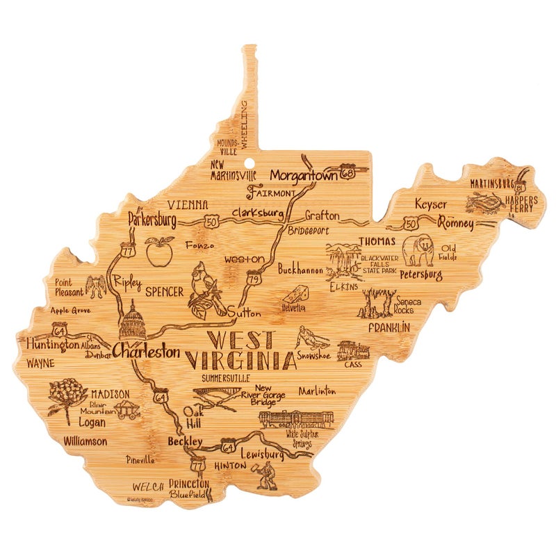 Totally Bamboo Destination West Virginia State Shaped Serving and Cutting Board Includes Hang Tie for Wall Display