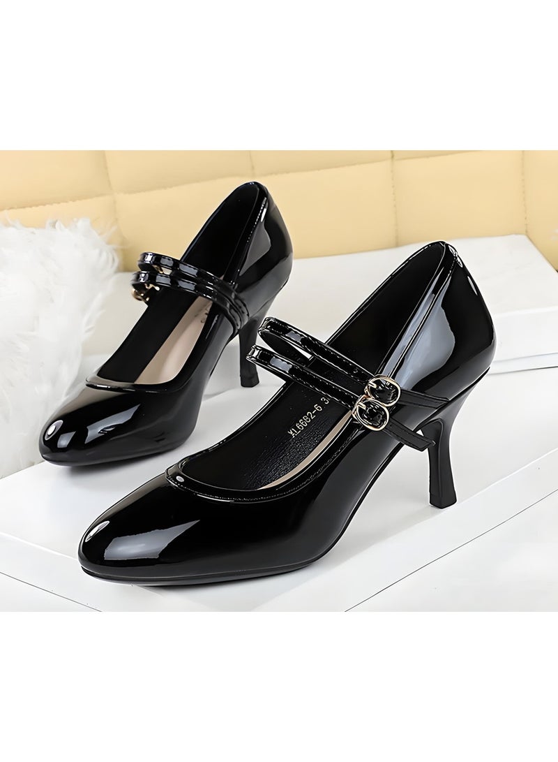 BIGTREE Patent Leather Mary Jane Shoes Kitten High Heels Closed Round Toe With Buckle Straps Black - Image 1