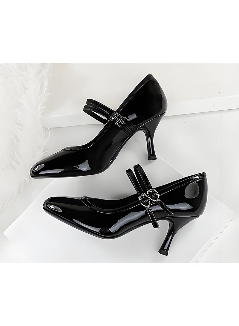 BIGTREE Patent Leather Mary Jane Shoes Kitten High Heels Closed Round Toe With Buckle Straps Black - Image 3