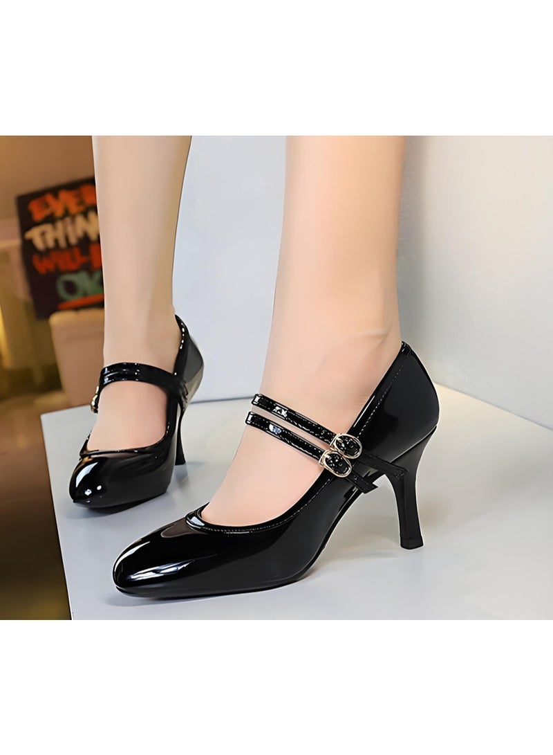 BIGTREE Patent Leather Mary Jane Shoes Kitten High Heels Closed Round Toe With Buckle Straps Black - Image 4