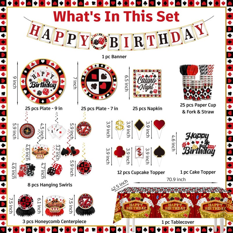cocomigo 176pcs Casino Theme Party Decorations Include Casino Plates and Napkins Set, Banner, Hanging, Tablecloth, Cake Topper, Table Decor, for Casino Poker Games Night Birthday Party Decorations, Serve 25 - Image 2
