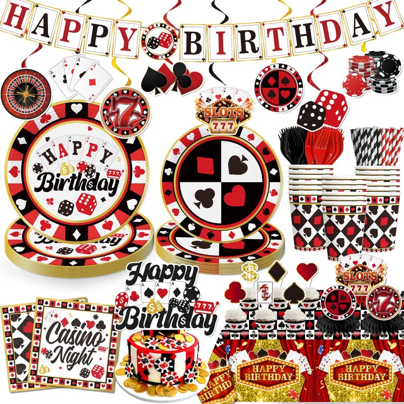 cocomigo 176pcs Casino Theme Party Decorations Include Casino Plates and Napkins Set, Banner, Hanging, Tablecloth, Cake Topper, Table Decor, for Casino Poker Games Night Birthday Party Decorations, Serve 25 - Image 1
