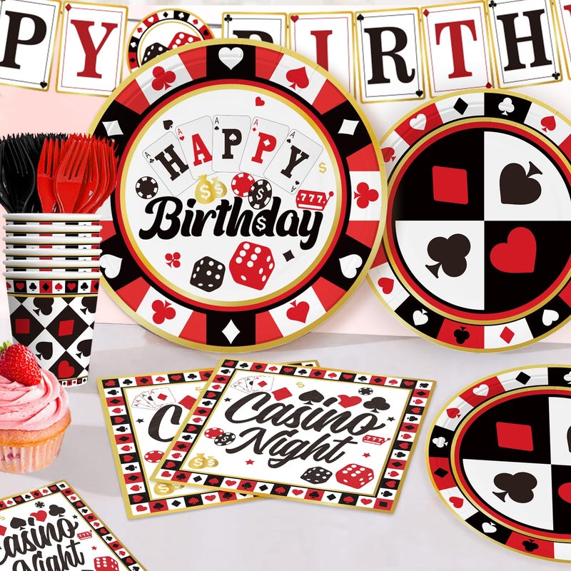 cocomigo 176pcs Casino Theme Party Decorations Include Casino Plates and Napkins Set, Banner, Hanging, Tablecloth, Cake Topper, Table Decor, for Casino Poker Games Night Birthday Party Decorations, Serve 25 - Image 5