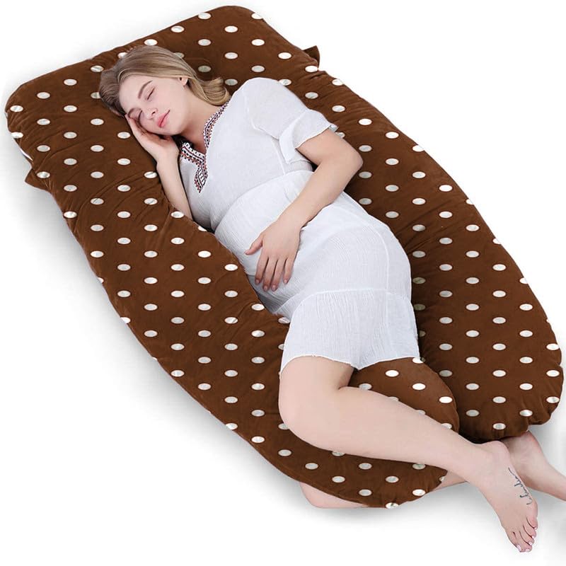 DADDY COOL Comfortable UShaped Dot Print Velvet Pregnancy Pillow Maternity Pillow for Pregnant Women Pain Relief Back Hip and Stomach Pillow with Zippered Pillow Cover Brown - Image 1