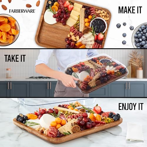 FARBERWARE Build-A-Board Acacia Cutting Board with Built-in Storage Compartments, Clear Locking Lid & White Handles, Great for Charcuterie & Snacks - Image 2
