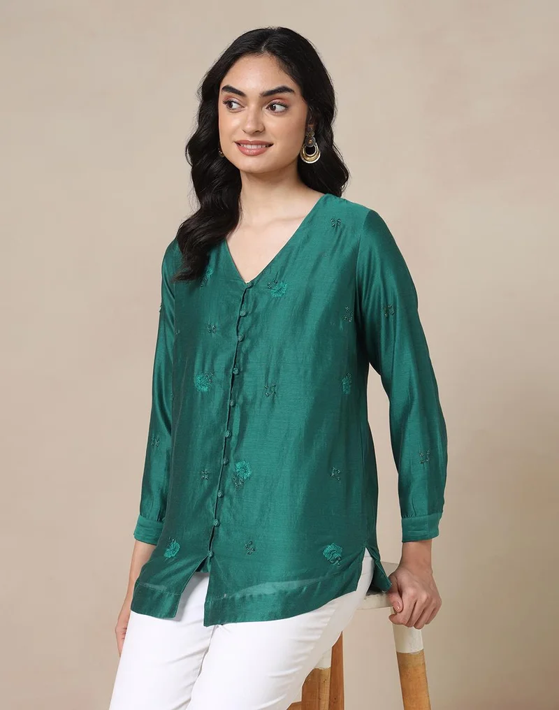 Green Cotton Silk Hand Embroidered Tunic