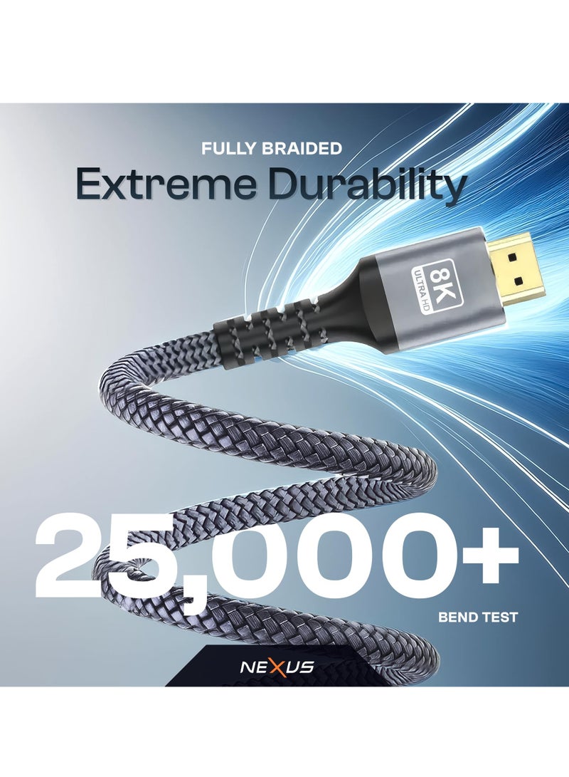NEXUS HDMI 2.1 Cable - 48Gbps Ultra High Speed, 10K/8K/4K, Braided Jacket, Copper Conductor, HDCP 2.3, HDR10, eARC Compatible - for Laptop, Monitor, UHD TV, PS5 (Silver) 1meter - Image 2