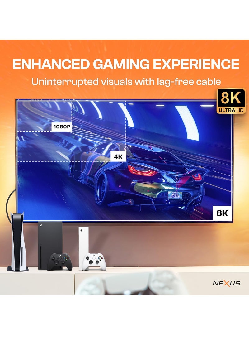 NEXUS HDMI 2.1 Cable - 48Gbps Ultra High Speed, 10K/8K/4K, Braided Jacket, Copper Conductor, HDCP 2.3, HDR10, eARC Compatible - for Laptop, Monitor, UHD TV, PS5 (Silver) 1meter - Image 4