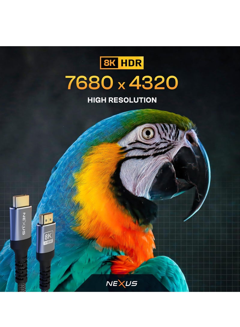 NEXUS HDMI 2.1 Cable - 48Gbps Ultra High Speed, 10K/8K/4K, Braided Jacket, Copper Conductor, HDCP 2.3, HDR10, eARC Compatible - for Laptop, Monitor, UHD TV, PS5 (Silver) 1meter - Image 3