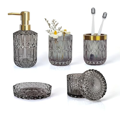 LaMarriti Gray Bathroom Accessories Set, 5Pcs Clear Glass Bathroom Set, Soap Dispenser, Soap Dish, Toothbrush Holder, Cotton Swab Jar, Black and Gold Accent for Crystal Vintage Bathroom Decor - Image 1