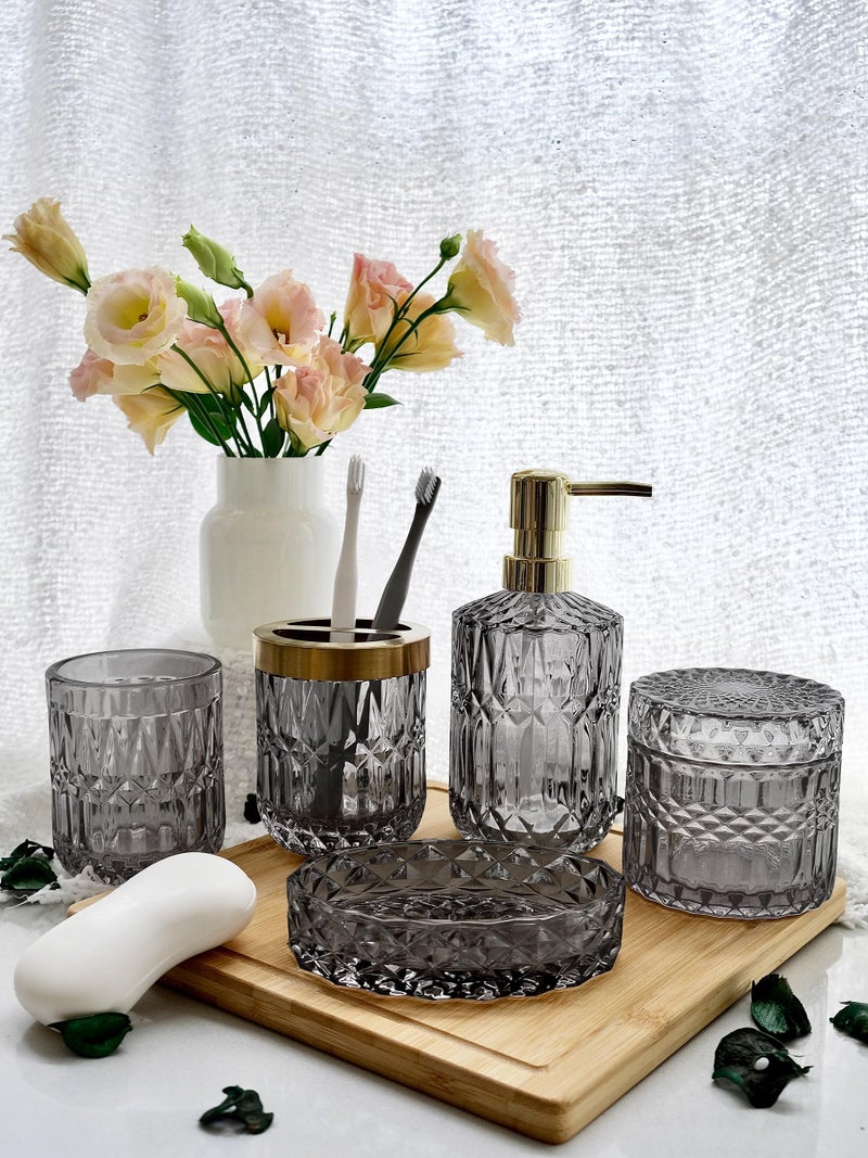 LaMarriti Gray Bathroom Accessories Set, 5Pcs Clear Glass Bathroom Set, Soap Dispenser, Soap Dish, Toothbrush Holder, Cotton Swab Jar, Black and Gold Accent for Crystal Vintage Bathroom Decor - Image 2