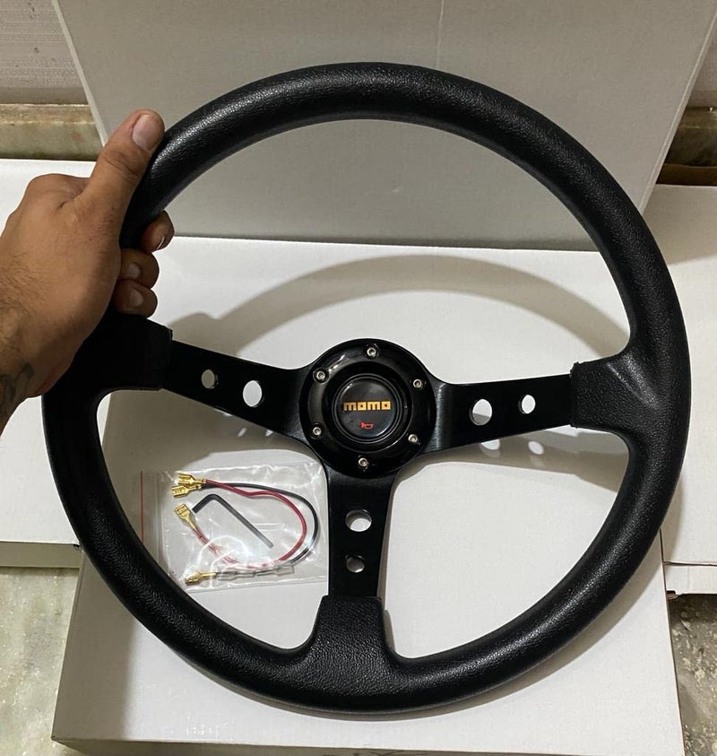 AUTO MT عجلة قيادة عالمية عميقة 14 بوصة من AUTO MT - MOMO لمظهر سيارة رياضية لسباق الرالي على الطرق الوعرة مع مجموعة BOSS KIT (عجلة قيادة MOMO 14" سوداء مع مجموعة BOSS KIT) - Image 2