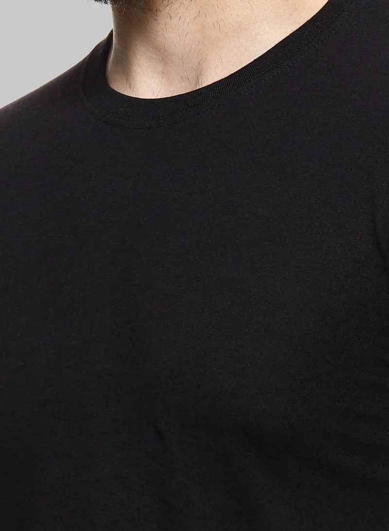 Campus Sutra Men's Solid Black T-Shirt With Faux Leather Details