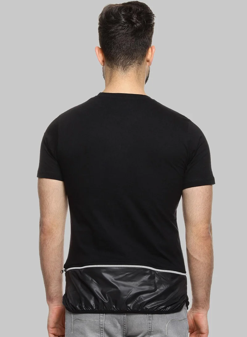 Campus Sutra Men's Solid Black T-Shirt With Faux Leather Details